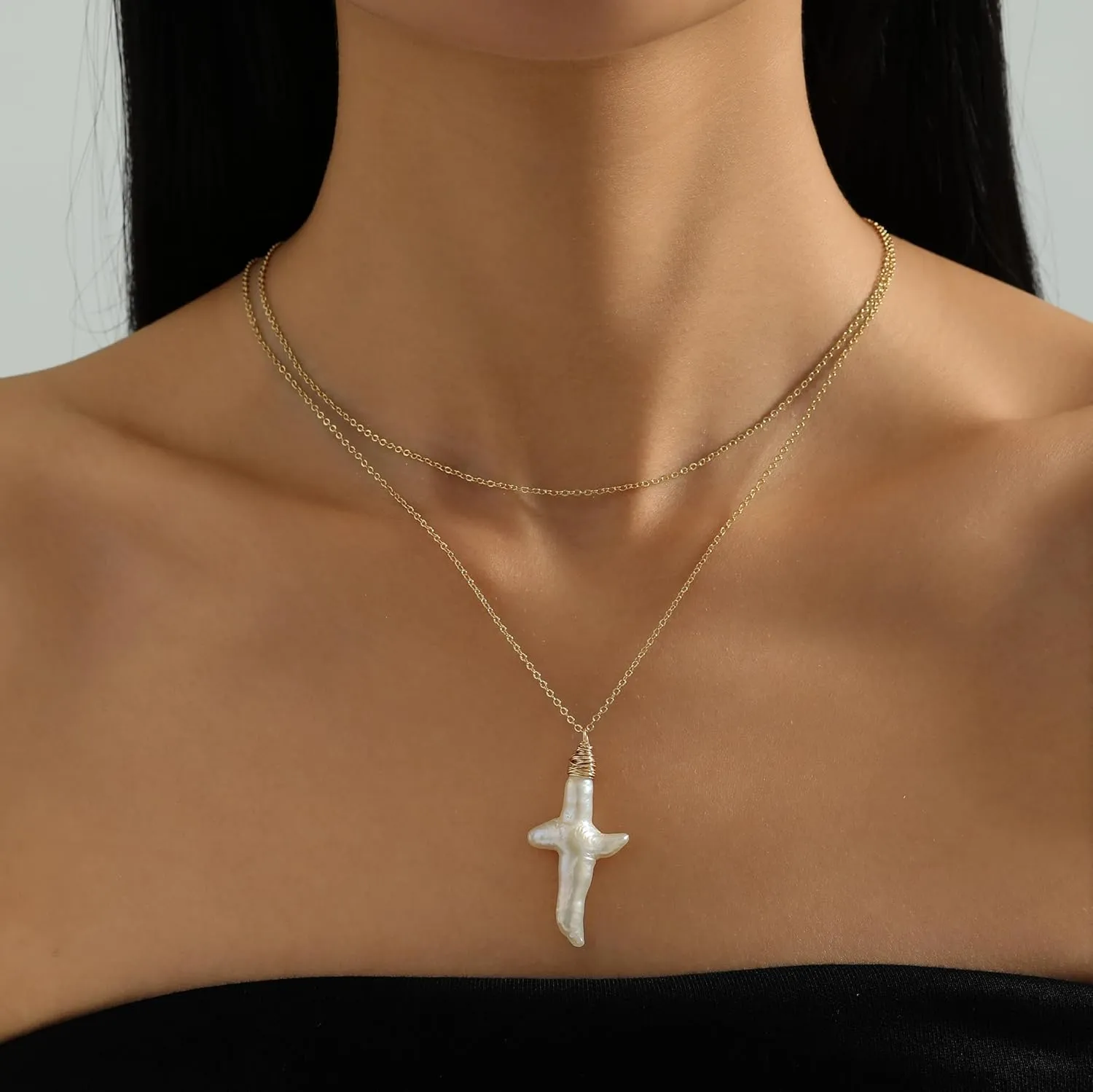 Dainty Pearl Pendant Gold Necklaces for Women 18K Gold Plated Natural Freshwater Irregular Pearl Cross Layered Necklace Simple Gold Pearl Necklaces Smile Pearl Adjustable Necklace Everyday Jewelry