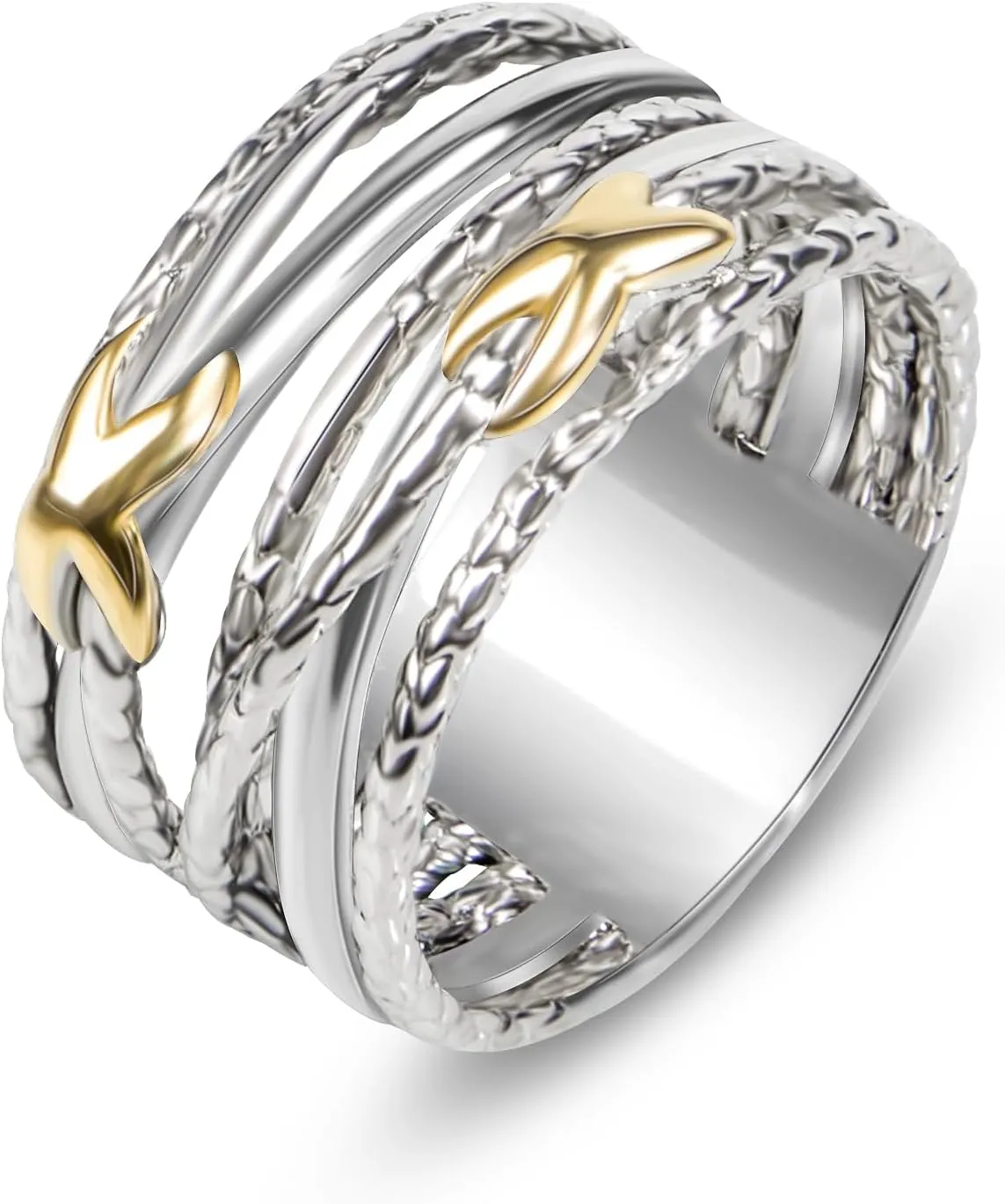 Designer Jewelry Two Tone Cable Wire Intertwined Crossover Statement Ring Chunky 11 mm Wide Band Rings for Women Gift