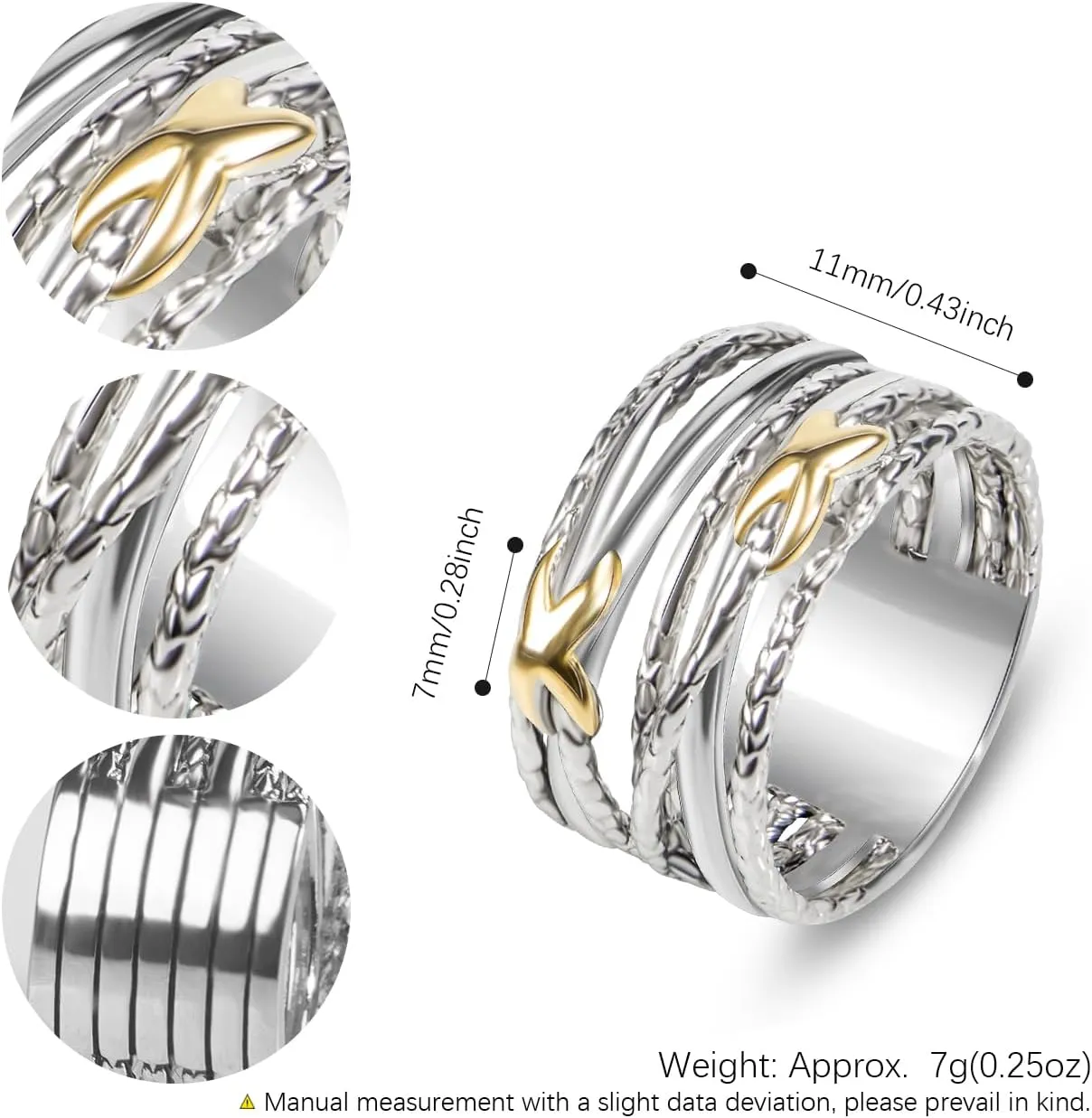 Designer Jewelry Two Tone Cable Wire Intertwined Crossover Statement Ring Chunky 11 mm Wide Band Rings for Women Gift