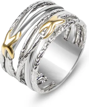 Designer Jewelry Two Tone Cable Wire Intertwined Crossover Statement Ring Chunky 11 mm Wide Band Rings for Women Gift