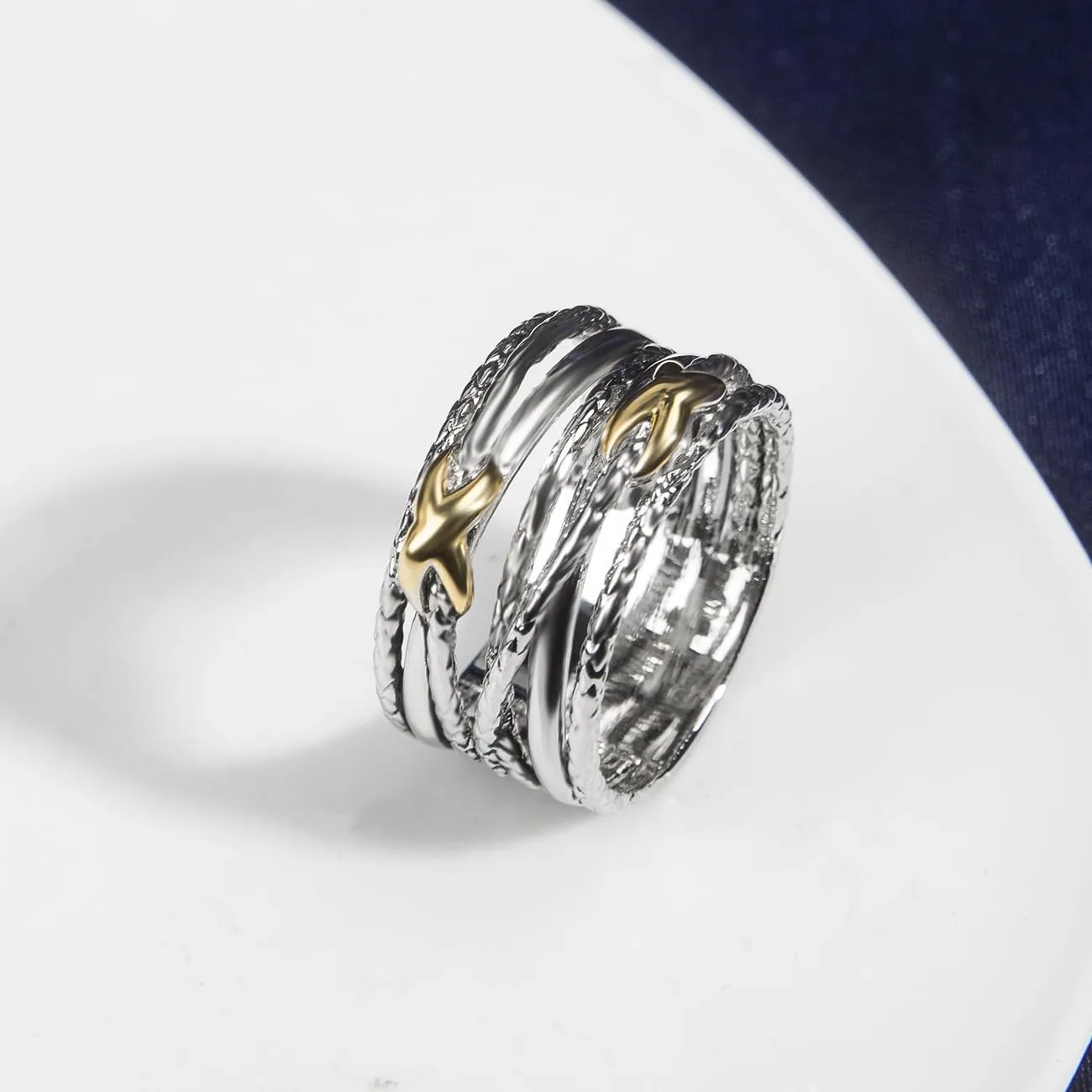 Designer Jewelry Two Tone Cable Wire Intertwined Crossover Statement Ring Chunky 11 mm Wide Band Rings for Women Gift