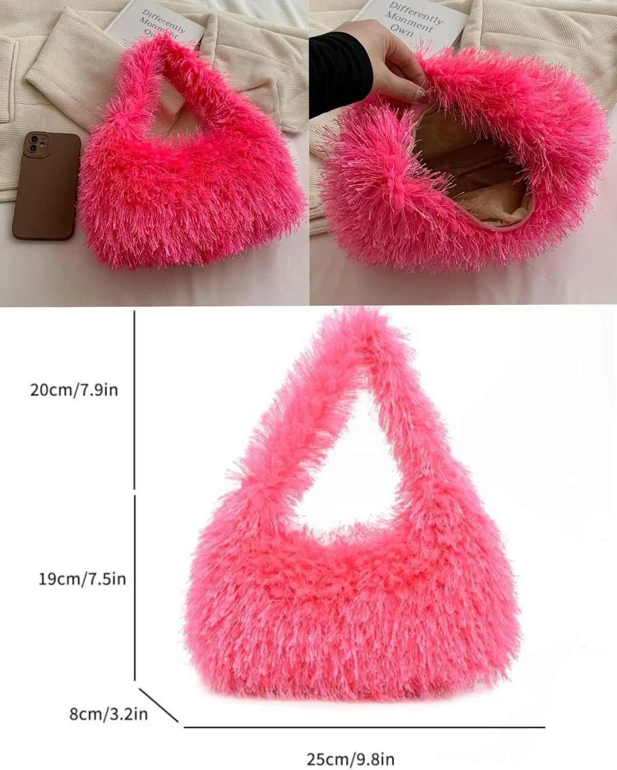 Faux Fur Fluffy Hobo Bag Furry Handbag Purse Y2K Fuzzy Tote Bag,Trendy Cute Plush Purse for Women