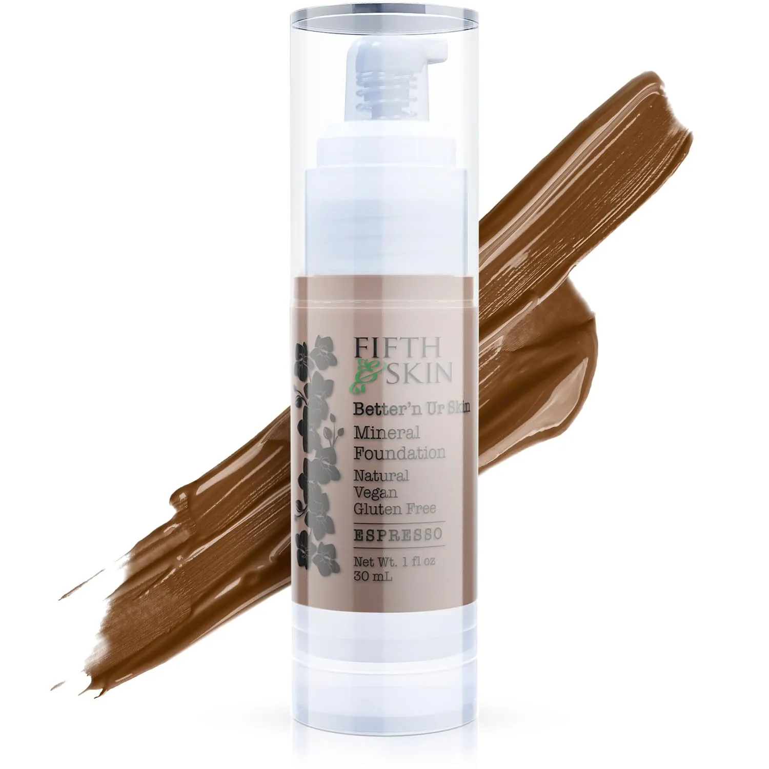 Fifth & Skin: Better’n Ur Skin Liquid Foundation (ESPRESSO - Natural, Organic, Vegan, Cruelty-Free - Gluten-Free Beauty with Buildable Coverage and Palm-Free Luxury - 1 oz
