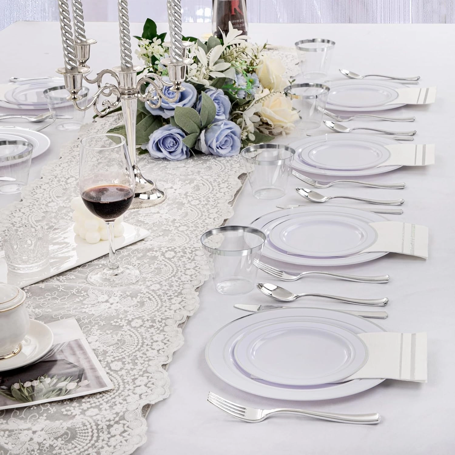 GATHER 350PCS Silver Plastic Plates - White and Silver Disposable Plates for 50 Guests Includes 50 Dinner Plates 50 Dessert Plate 50 Napkins 150 Silvery Cutlery and 50 Cups for Wedding & Party