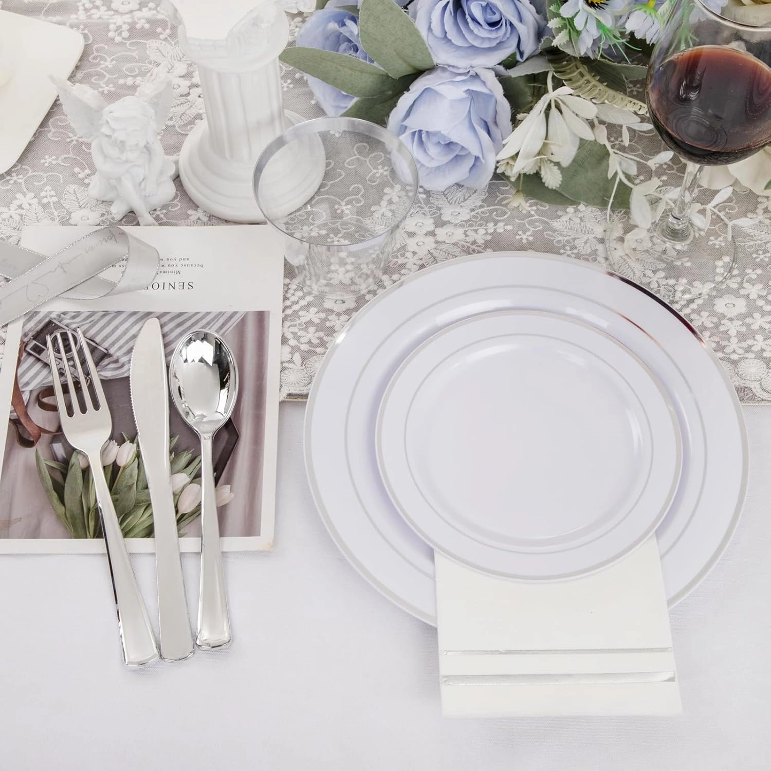 GATHER 350PCS Silver Plastic Plates - White and Silver Disposable Plates for 50 Guests Includes 50 Dinner Plates 50 Dessert Plate 50 Napkins 150 Silvery Cutlery and 50 Cups for Wedding & Party