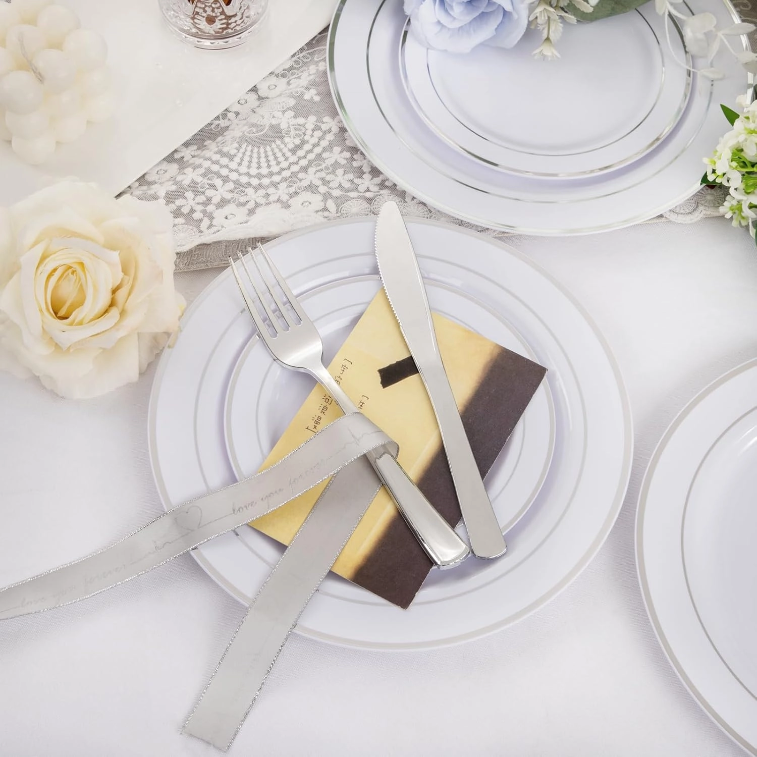 GATHER 350PCS Silver Plastic Plates - White and Silver Disposable Plates for 50 Guests Includes 50 Dinner Plates 50 Dessert Plate 50 Napkins 150 Silvery Cutlery and 50 Cups for Wedding & Party