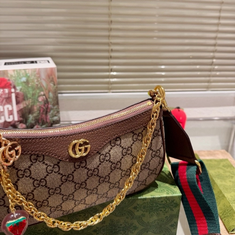 GG OPHIDIA SMALL SHOULDER BAG BEIGE AND DARK BROWN 25CM 735132 FABLE 9442