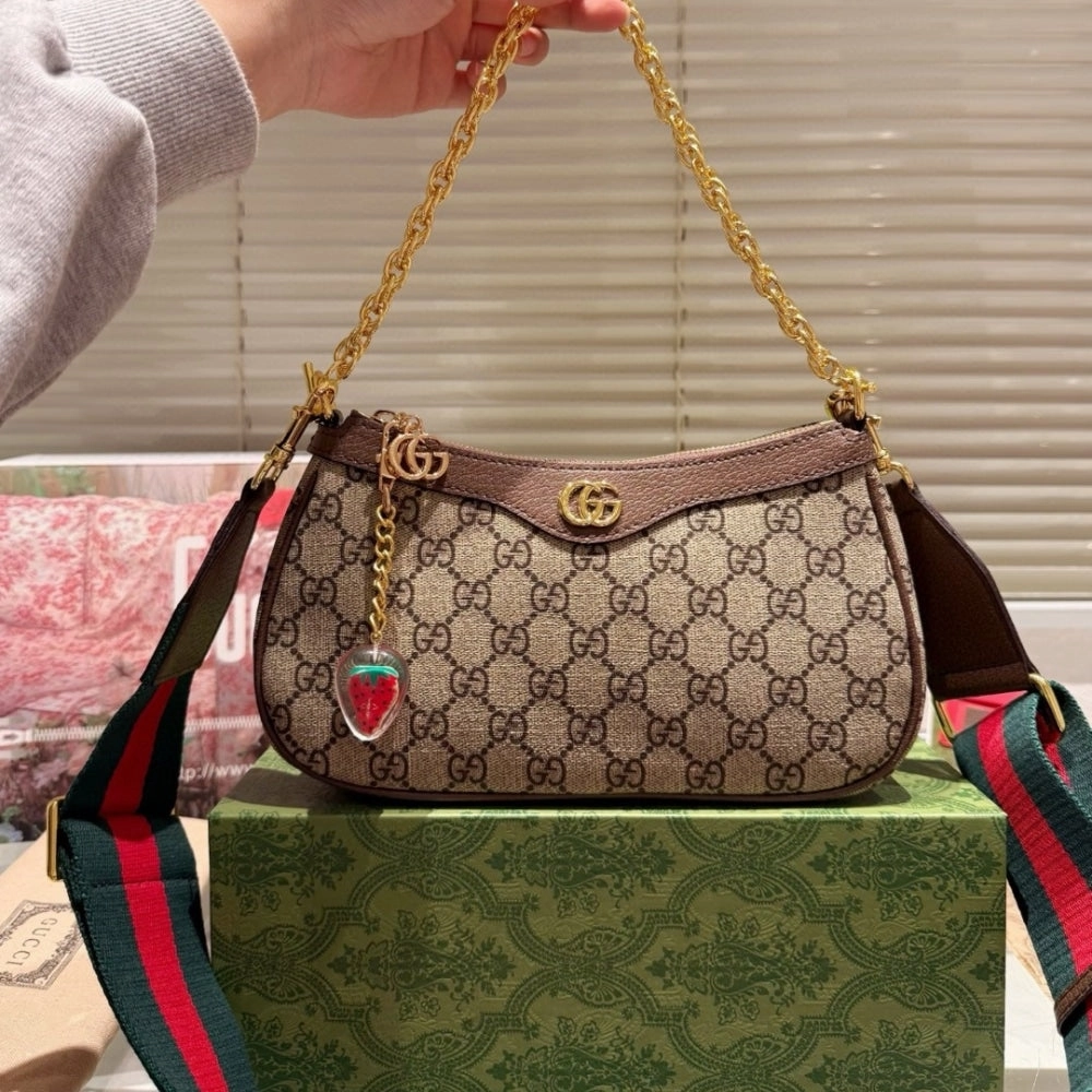 GG OPHIDIA SMALL SHOULDER BAG BEIGE AND DARK BROWN 25CM 735132 FABLE 9442