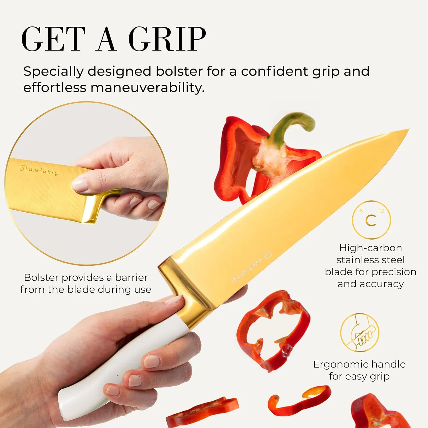 Gold Knife Set with Block Self-Sharpening – 14-Piece Titanium Coated Gold and Off-White Kitchen Knives with White Block and Built-In Sharpener – Stylish Luxury Kitchen Accessories and Decor