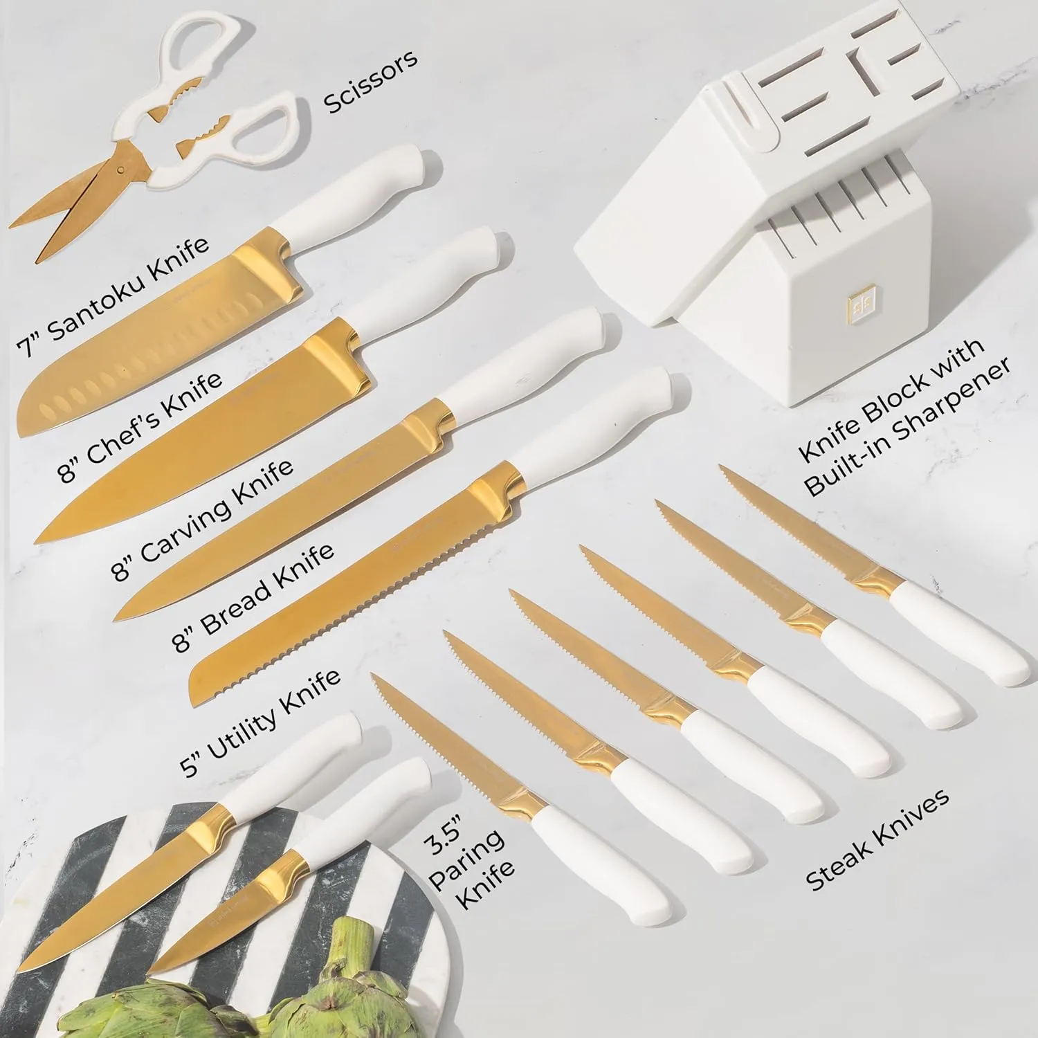 Gold Knife Set with Block Self-Sharpening – 14-Piece Titanium Coated Gold and Off-White Kitchen Knives with White Block and Built-In Sharpener – Stylish Luxury Kitchen Accessories and Decor