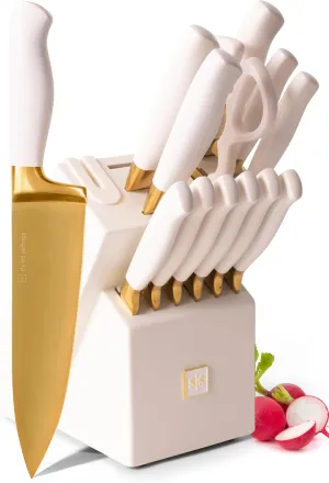 Gold Knife Set with Block Self-Sharpening – 14-Piece Titanium Coated Gold and Off-White Kitchen Knives with White Block and Built-In Sharpener – Stylish Luxury Kitchen Accessories and Decor