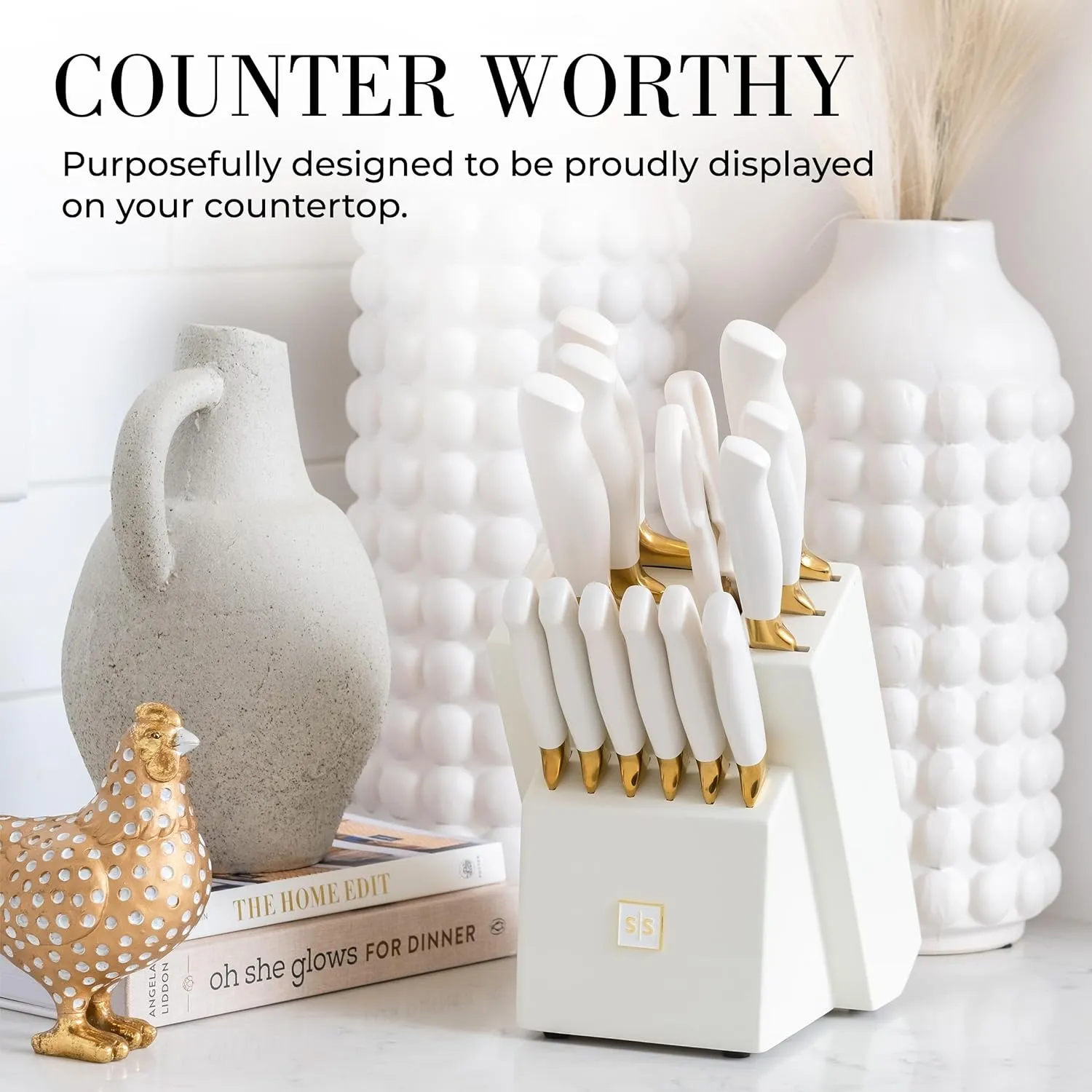 Gold Knife Set with Block Self-Sharpening – 14-Piece Titanium Coated Gold and Off-White Kitchen Knives with White Block and Built-In Sharpener – Stylish Luxury Kitchen Accessories and Decor