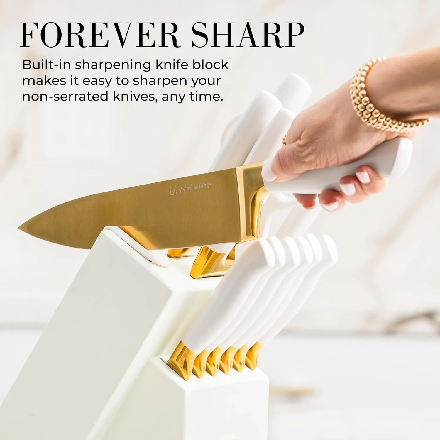 Gold Knife Set with Block Self-Sharpening – 14-Piece Titanium Coated Gold and Off-White Kitchen Knives with White Block and Built-In Sharpener – Stylish Luxury Kitchen Accessories and Decor