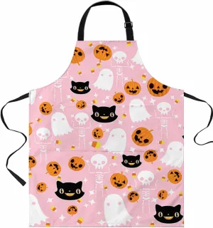 Halloween Waterproof Apron With Pockets, Pink Orange Black Kitchen Chefs Bib Cooking BBQ Grill Bake Adjustable Aprons for Women/Kids Home Garden Grooming Painting Gardening
