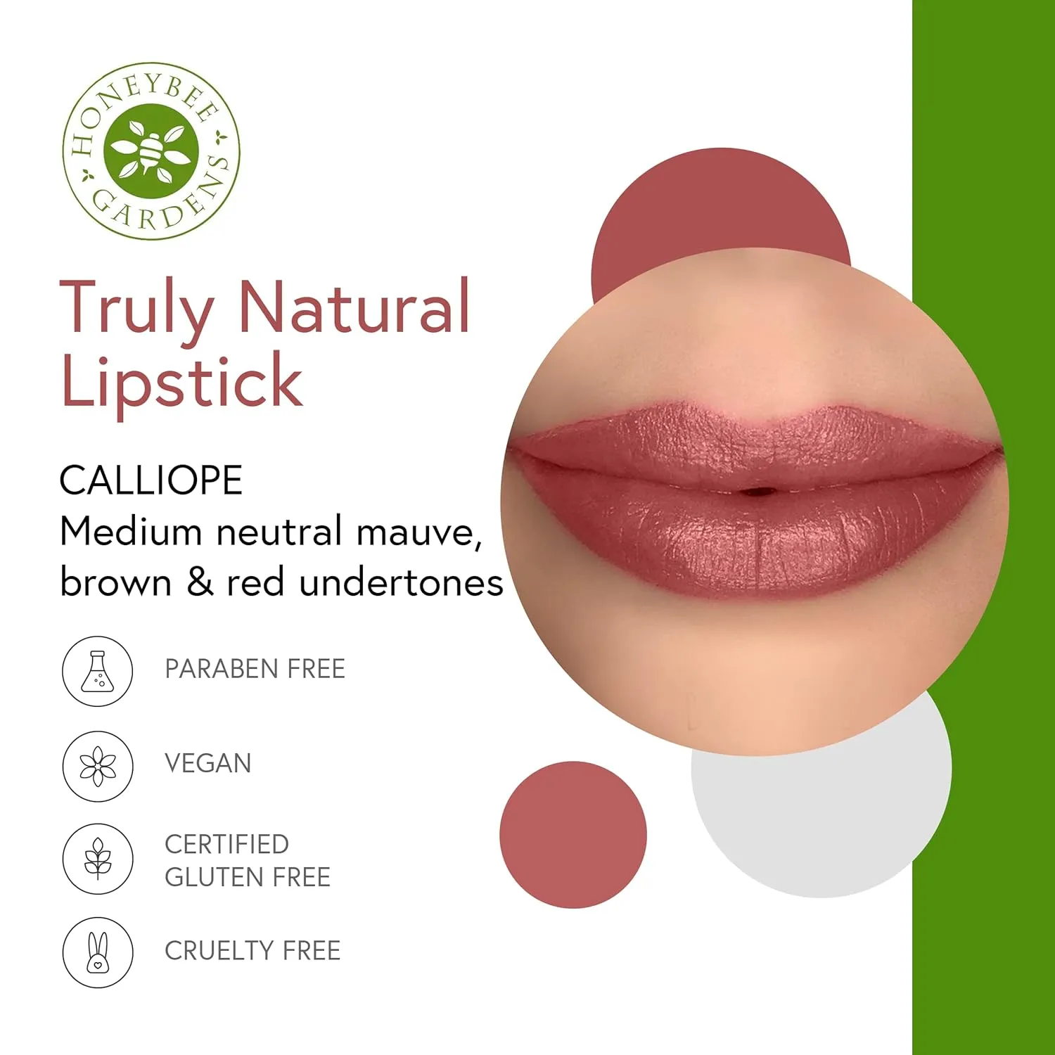 Honeybee Gardens Truly Natural Long Lasting Lipstick, Calliope, Medium Neutral Mauve, Naturally Hydrating & Nourishing, Vegan, Gluten-Free & Cruelty-Free, 0.13 oz / 3.8 g
