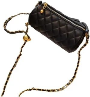 Inspired Cylinder Crossbody Bag for Women | Luxury Quilted Tweed Shoulder Bag with Adjustable Gold Chain Strap & Pearl