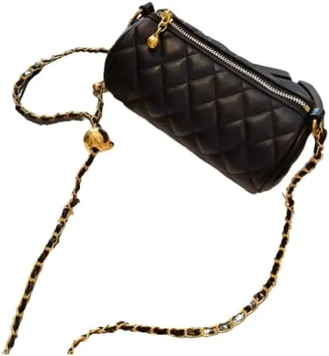 Inspired Cylinder Crossbody Bag for Women | Luxury Quilted Tweed Shoulder Bag with Adjustable Gold Chain Strap & Pearl