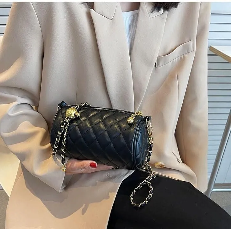 Inspired Cylinder Crossbody Bag for Women | Luxury Quilted Tweed Shoulder Bag with Adjustable Gold Chain Strap & Pearl