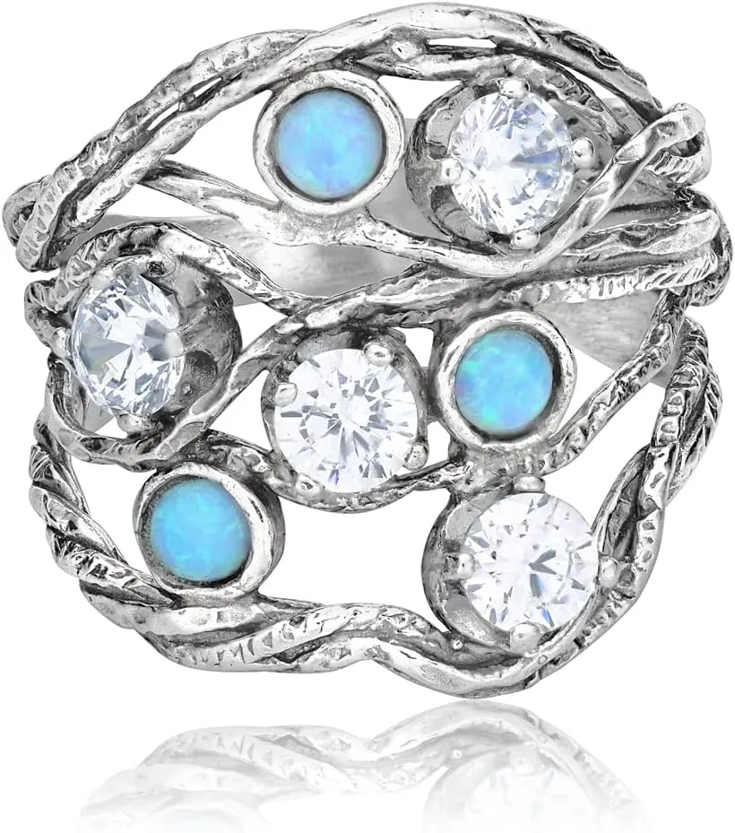 JEAN RACHEL JEWELRY 925 Sterling Silver Ring with 3 Blue Round Opal & 4 White Cubic Zirconia - Boho Vintage Design - Hypoallergenic, Lead & Nickel Free - Artisan Handcrafted Statement Rings for Women