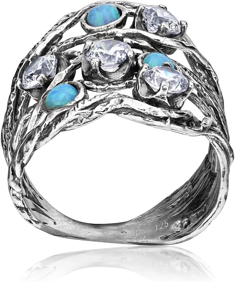 JEAN RACHEL JEWELRY 925 Sterling Silver Ring with 3 Blue Round Opal & 4 White Cubic Zirconia - Boho Vintage Design - Hypoallergenic, Lead & Nickel Free - Artisan Handcrafted Statement Rings for Women