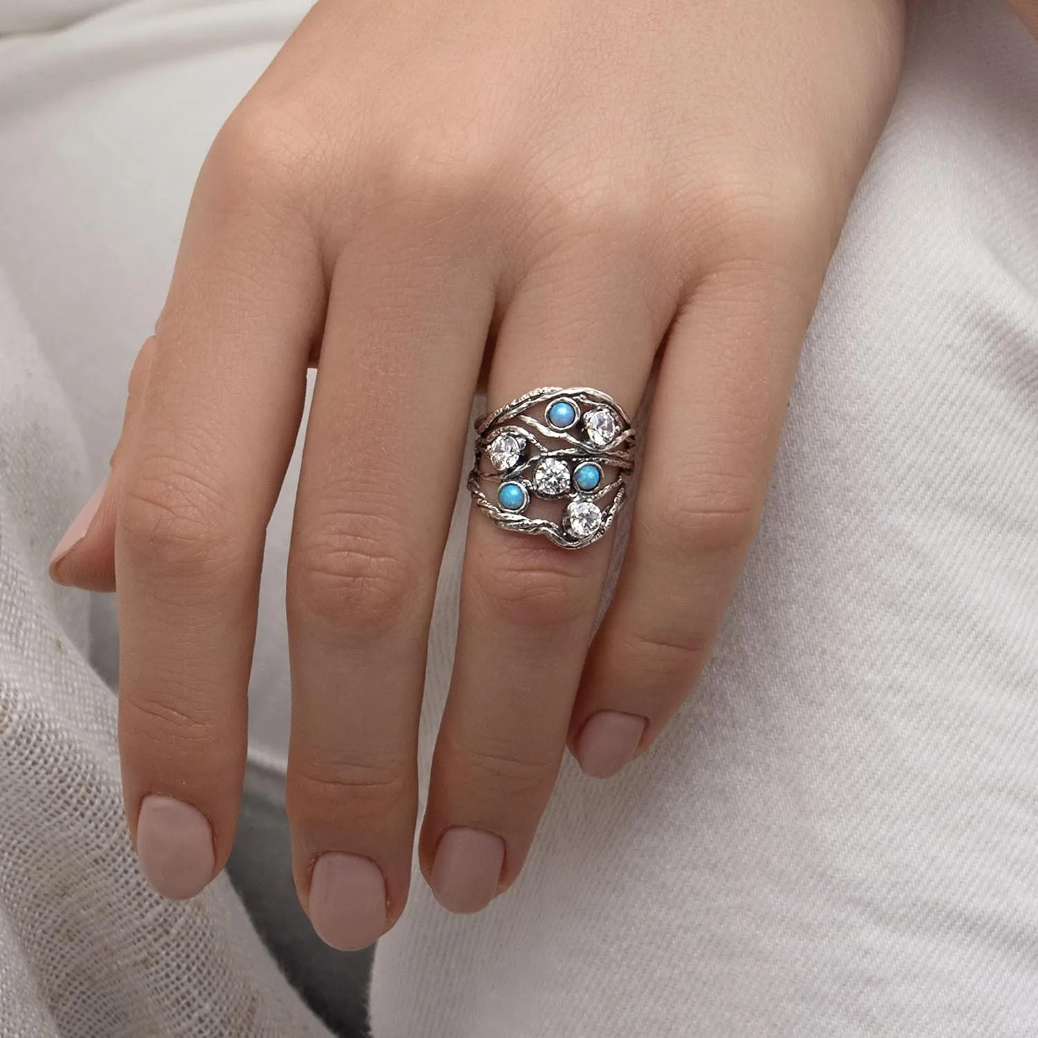 JEAN RACHEL JEWELRY 925 Sterling Silver Ring with 3 Blue Round Opal & 4 White Cubic Zirconia - Boho Vintage Design - Hypoallergenic, Lead & Nickel Free - Artisan Handcrafted Statement Rings for Women