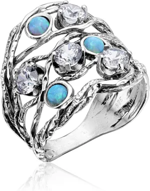 JEAN RACHEL JEWELRY 925 Sterling Silver Ring with 3 Blue Round Opal & 4 White Cubic Zirconia - Boho Vintage Design - Hypoallergenic, Lead & Nickel Free - Artisan Handcrafted Statement Rings for Women