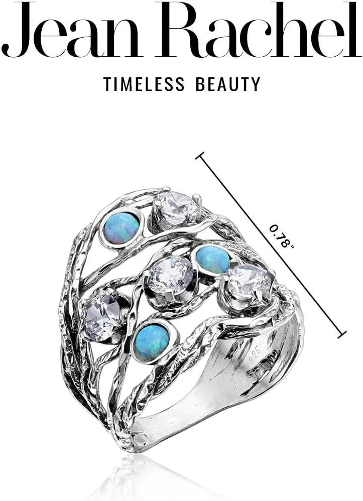 JEAN RACHEL JEWELRY 925 Sterling Silver Ring with 3 Blue Round Opal & 4 White Cubic Zirconia - Boho Vintage Design - Hypoallergenic, Lead & Nickel Free - Artisan Handcrafted Statement Rings for Women