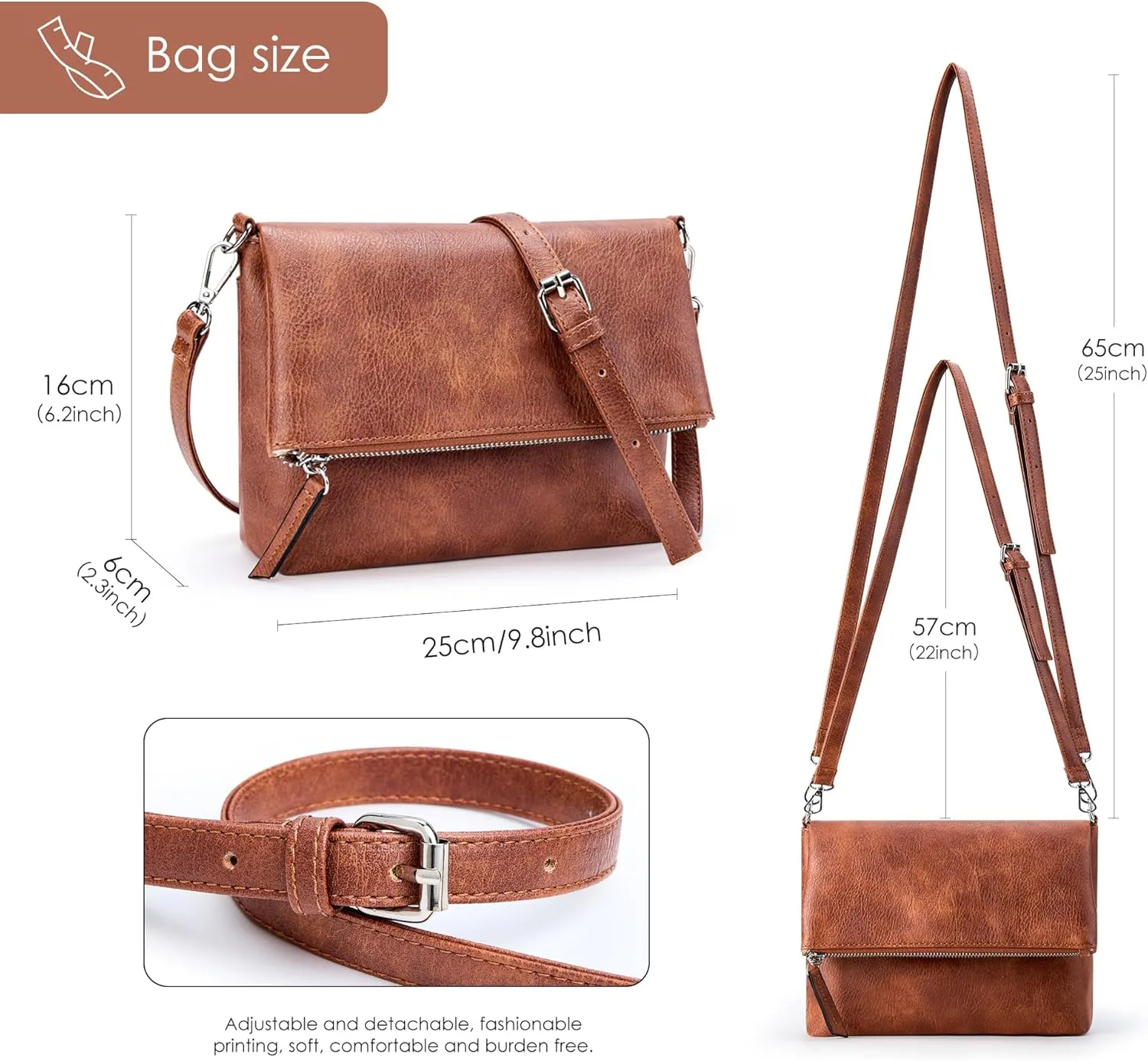 KALIDI Vintage Vegan Leather Crossbody Bag PU Shoulder Bag Handbag Multiple Pockets Adjustable Removable Strap Women