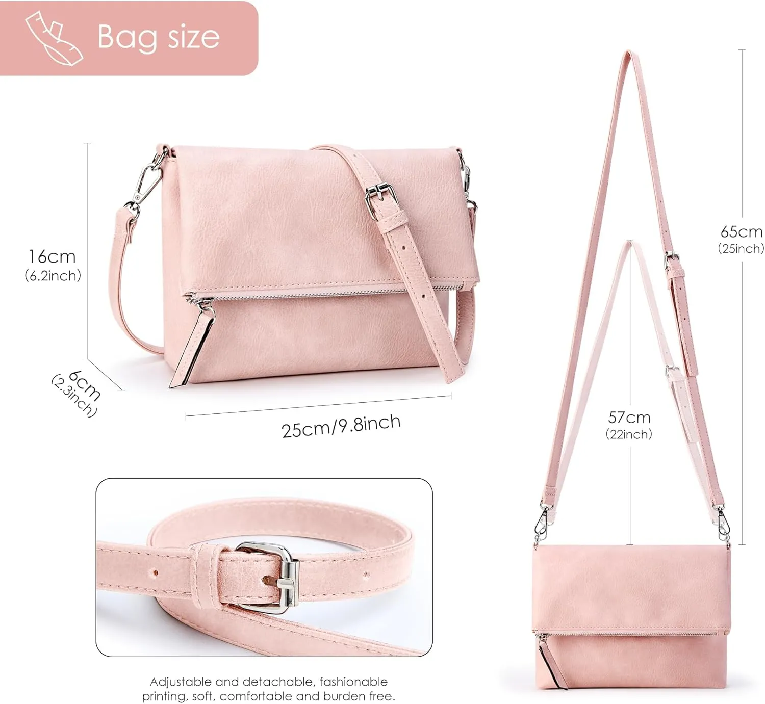 KALIDI Vintage Vegan Leather Crossbody Bag PU Shoulder Bag Handbag Multiple Pockets Adjustable Removable Strap Women