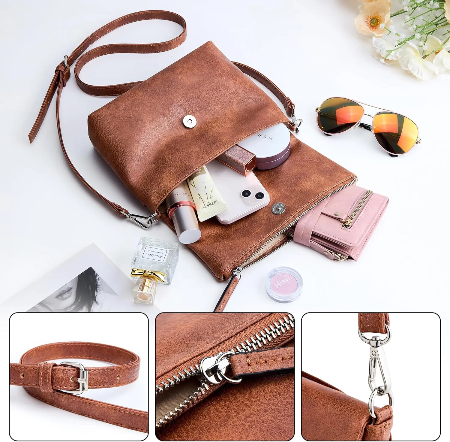 KALIDI Vintage Vegan Leather Crossbody Bag PU Shoulder Bag Handbag Multiple Pockets Adjustable Removable Strap Women