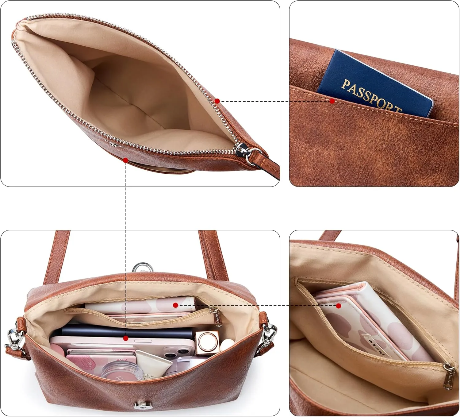 KALIDI Vintage Vegan Leather Crossbody Bag PU Shoulder Bag Handbag Multiple Pockets Adjustable Removable Strap Women