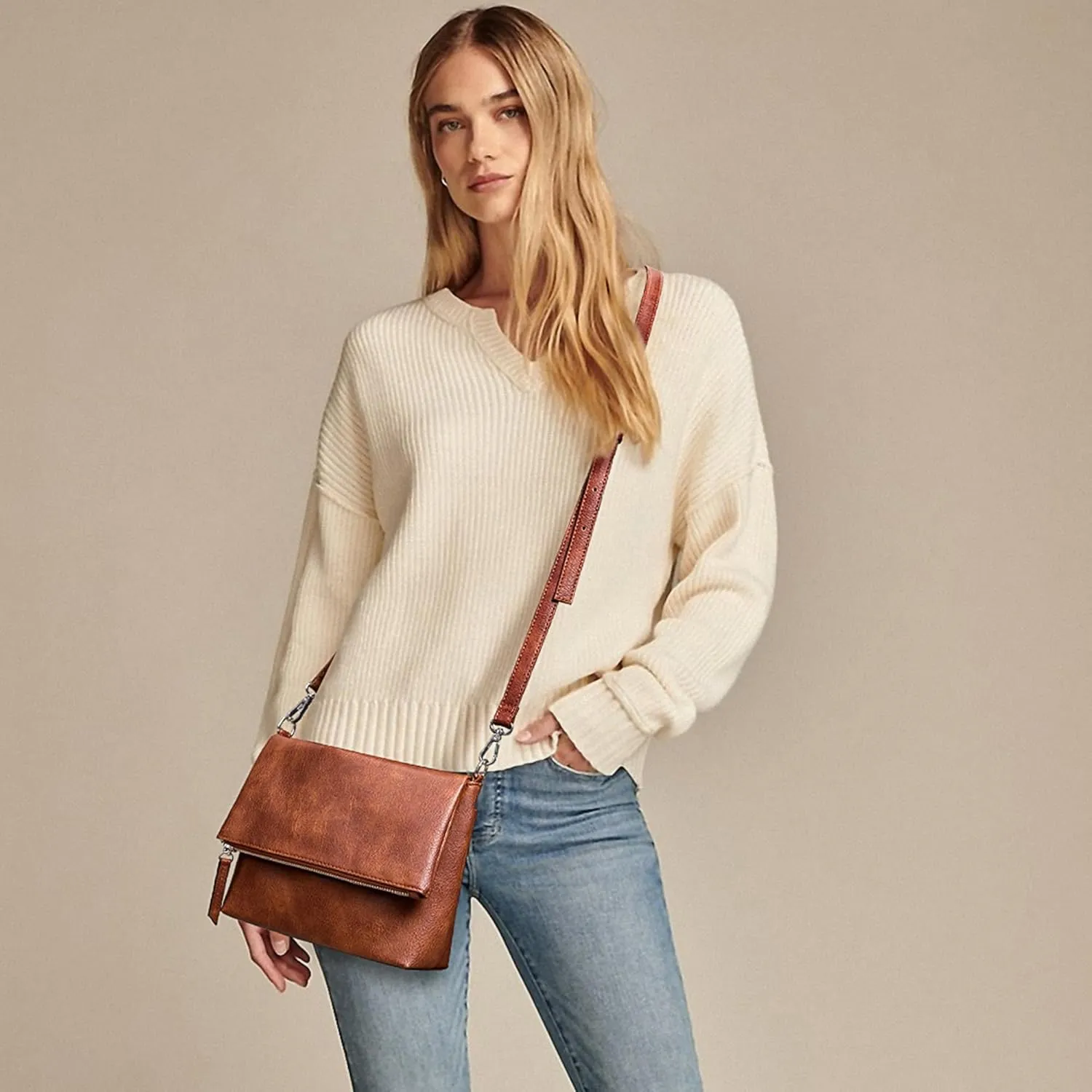 KALIDI Vintage Vegan Leather Crossbody Bag PU Shoulder Bag Handbag Multiple Pockets Adjustable Removable Strap Women