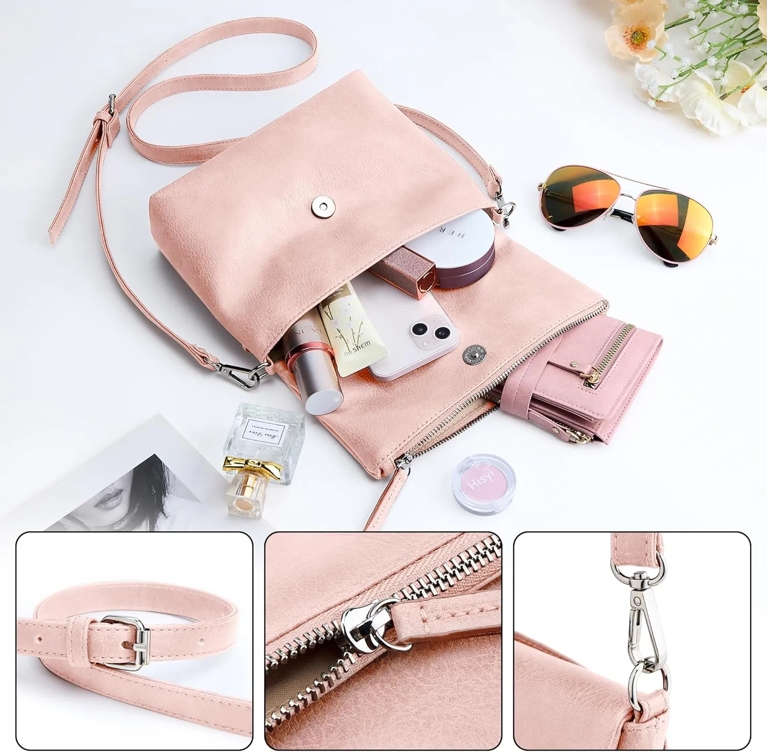 KALIDI Vintage Vegan Leather Crossbody Bag PU Shoulder Bag Handbag Multiple Pockets Adjustable Removable Strap Women