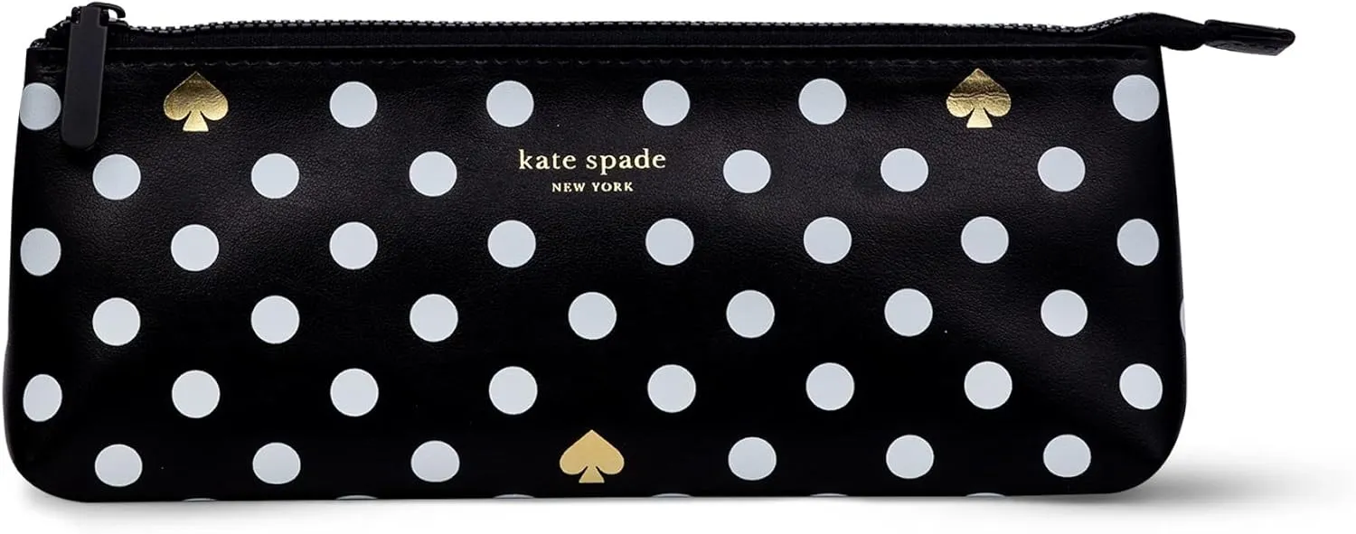 Kate Spade New York Pen and Pencil Case with School Supplies, Zip Pouch Includes 2 Pencils, Sharpener, Eraser, and Ruler, Polka Dots (Black/White)