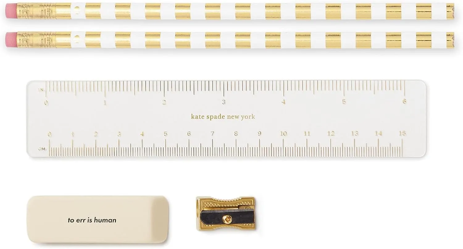 Kate Spade New York Pen and Pencil Case with School Supplies, Zip Pouch Includes 2 Pencils, Sharpener, Eraser, and Ruler, Polka Dots (Black/White)