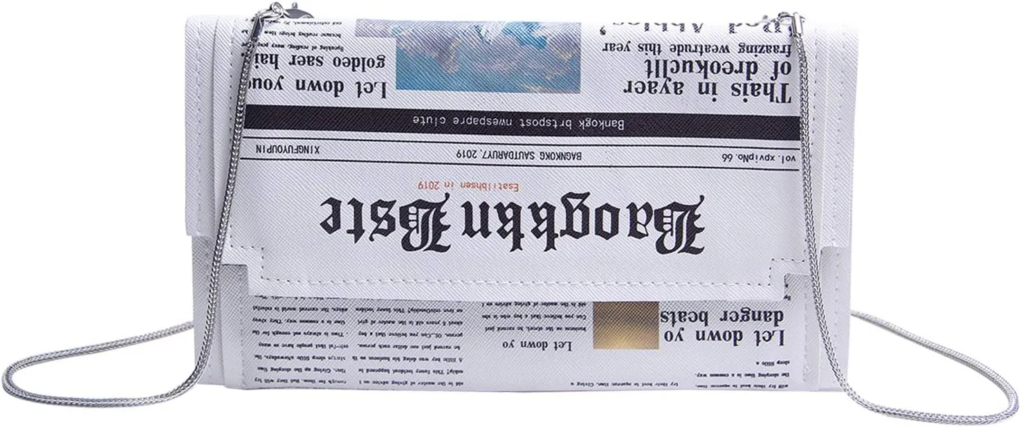 KUANG! Women Novelty Newspaper Evening Handbag Clutch Crossbody Bag Envelope Purse Chain Shoulder Bag for Ladies