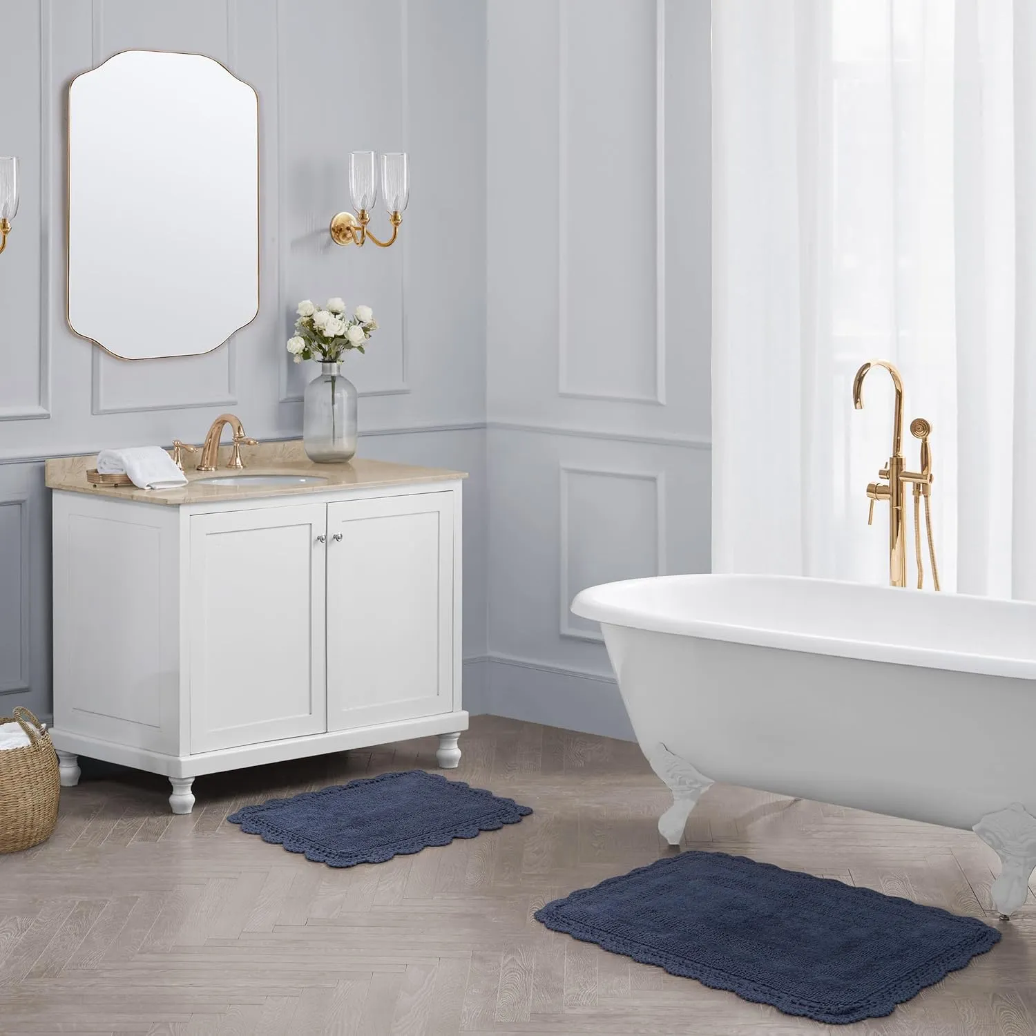 Laura Ashley Crochet Cotton 17x24/21x34 in. 2-Piece Bath Rug Set, Indigo