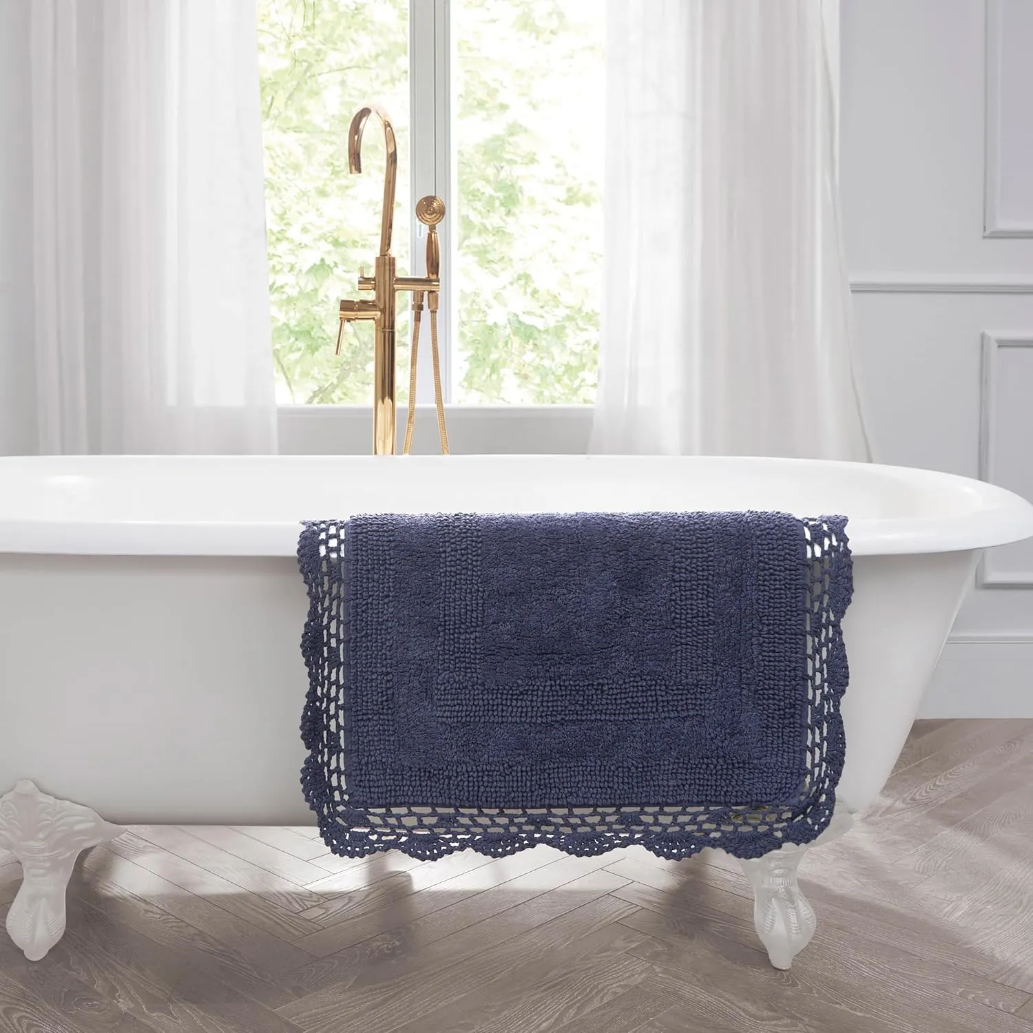 Laura Ashley Crochet Cotton 17x24/21x34 in. 2-Piece Bath Rug Set, Indigo