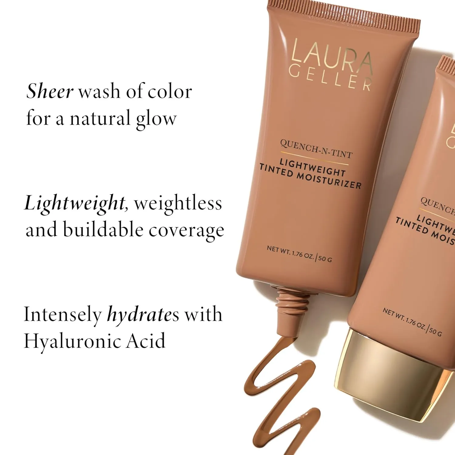 LAURA GELLER NEW YORK Quench-n-Tint Lightweight Tinted Moisturizer, Porcelain/Fair - Sheer to Light Buildable Coverage - Natural Glow Finish - Lightweight Formula with Hyaluronic Acid