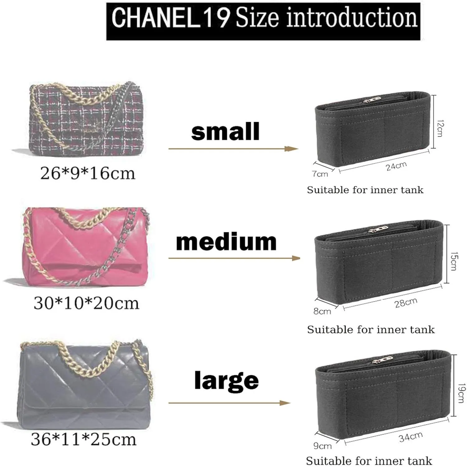 Lckaey 19 Flap Small Bag felt Organizer storage cosmetic bag chain black gold inner Bag Insert 1016red-S