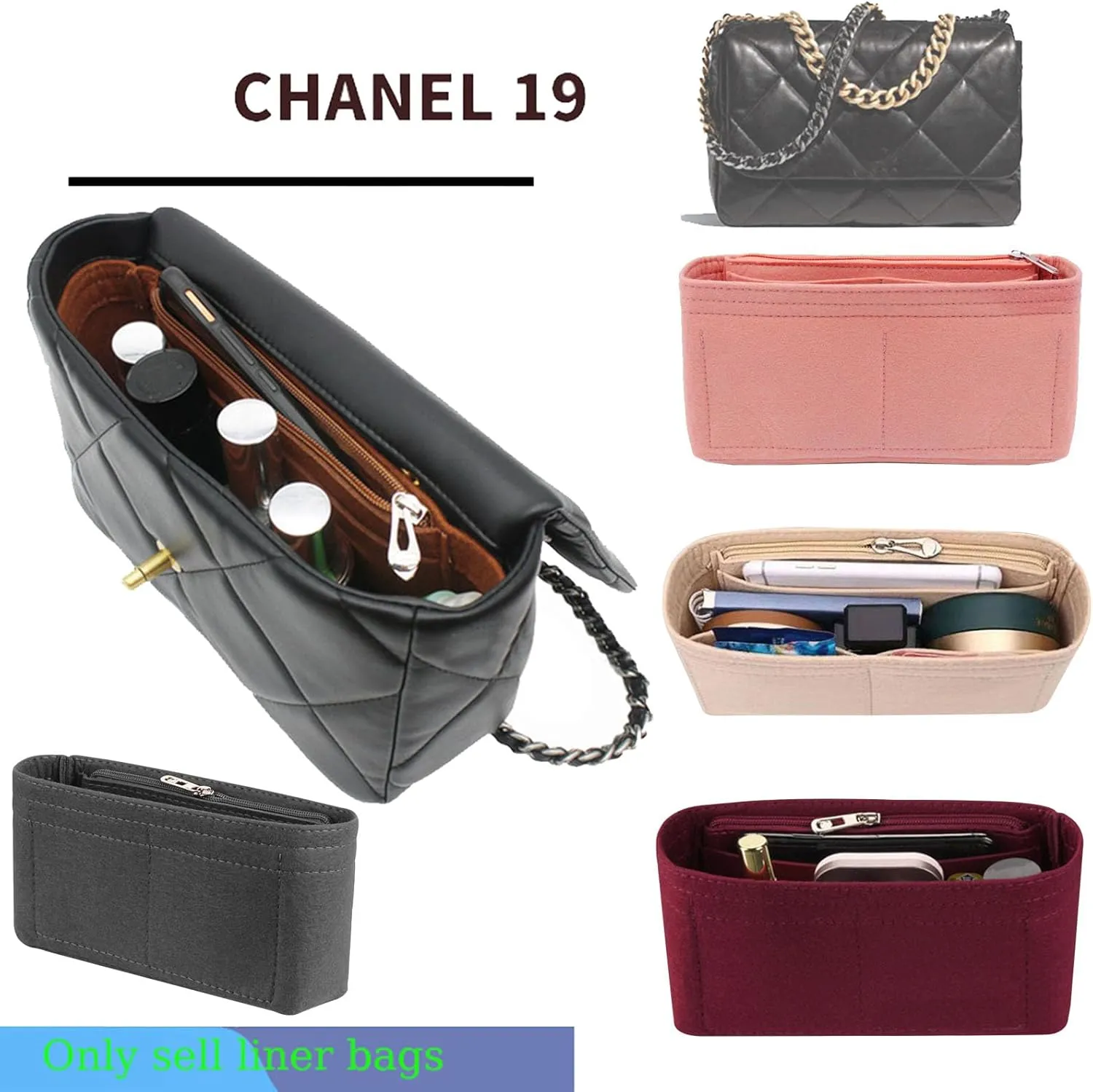 Lckaey 19 Flap Small Bag felt Organizer storage cosmetic bag chain black gold inner Bag Insert 1016red-S
