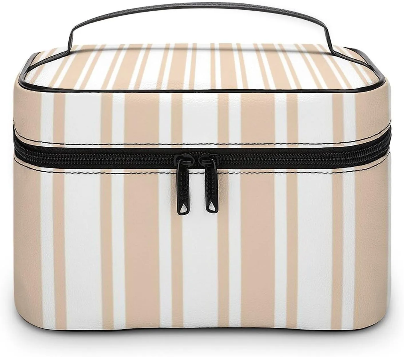 Leather Portable Makeup Bag, Beige and White Candy Stripes Travel Cosmetic Bag Makeup Organizer Case Large Capacity Zipper Toiletry Bag for Women
