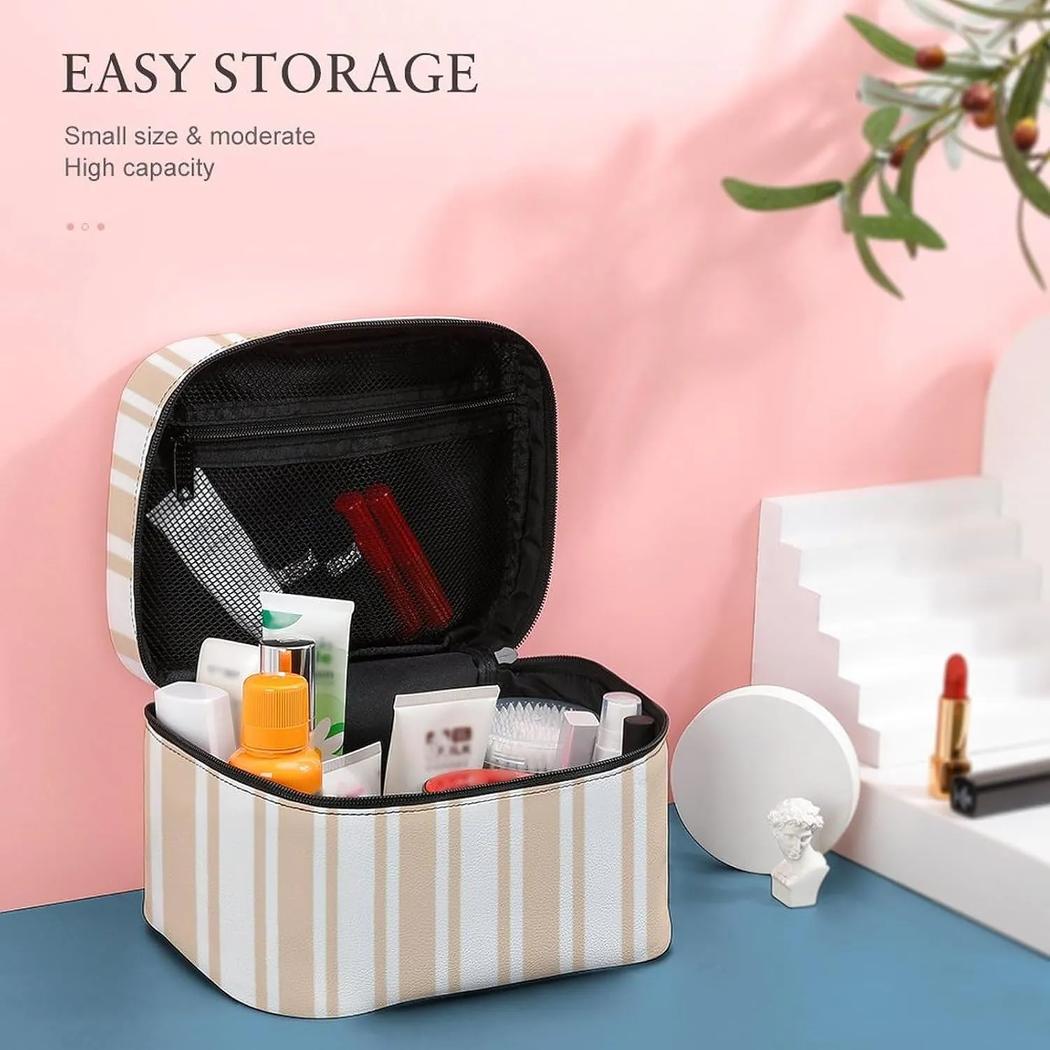 Leather Portable Makeup Bag, Beige and White Candy Stripes Travel Cosmetic Bag Makeup Organizer Case Large Capacity Zipper Toiletry Bag for Women