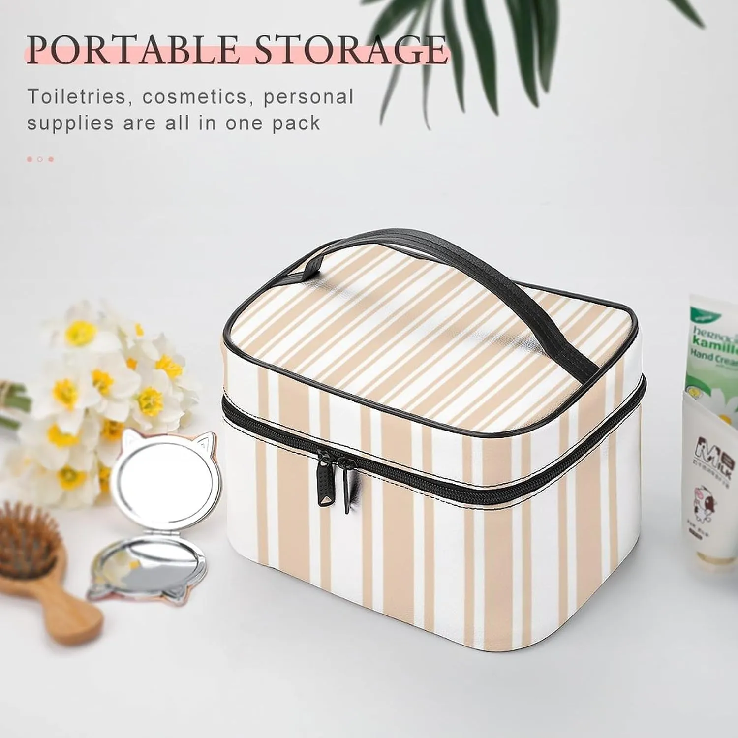 Leather Portable Makeup Bag, Beige and White Candy Stripes Travel Cosmetic Bag Makeup Organizer Case Large Capacity Zipper Toiletry Bag for Women