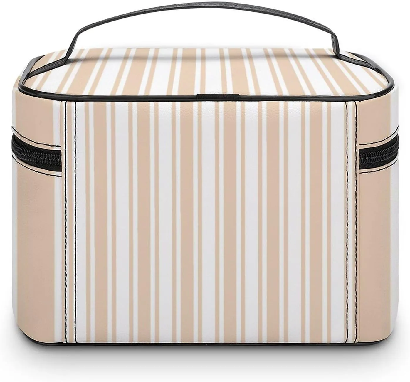 Leather Portable Makeup Bag, Beige and White Candy Stripes Travel Cosmetic Bag Makeup Organizer Case Large Capacity Zipper Toiletry Bag for Women