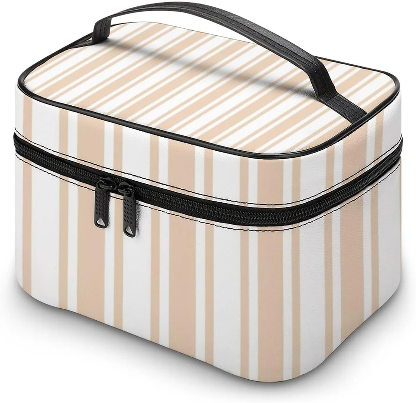 Leather Portable Makeup Bag, Beige and White Candy Stripes Travel Cosmetic Bag Makeup Organizer Case Large Capacity Zipper Toiletry Bag for Women