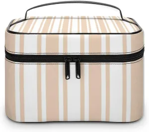 Leather Portable Makeup Bag, Beige and White Candy Stripes Travel Cosmetic Bag Makeup Organizer Case Large Capacity Zipper Toiletry Bag for Women