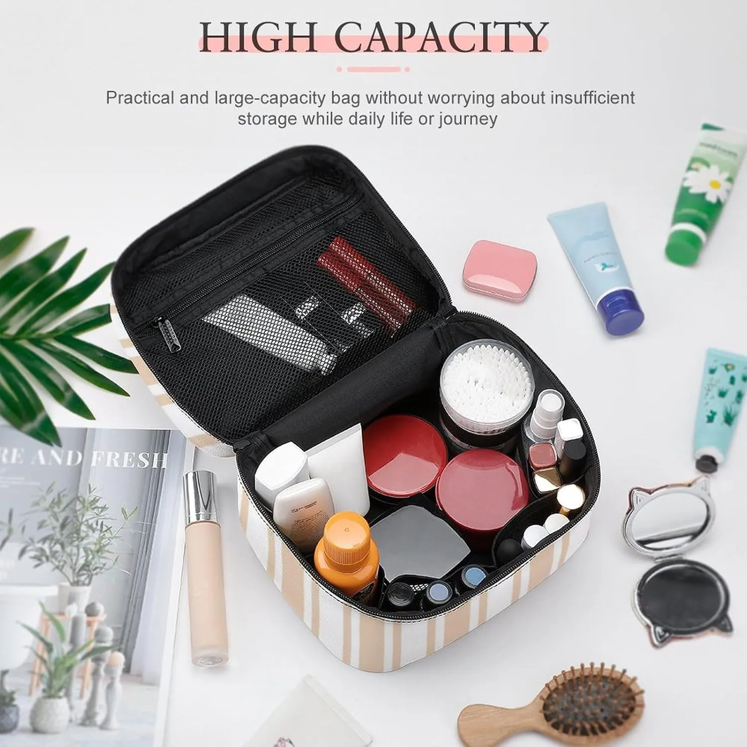 Leather Portable Makeup Bag, Beige and White Candy Stripes Travel Cosmetic Bag Makeup Organizer Case Large Capacity Zipper Toiletry Bag for Women