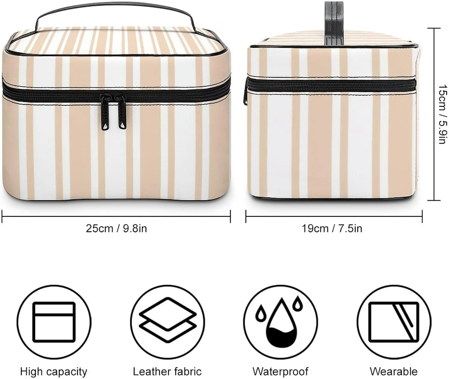 Leather Portable Makeup Bag, Beige and White Candy Stripes Travel Cosmetic Bag Makeup Organizer Case Large Capacity Zipper Toiletry Bag for Women