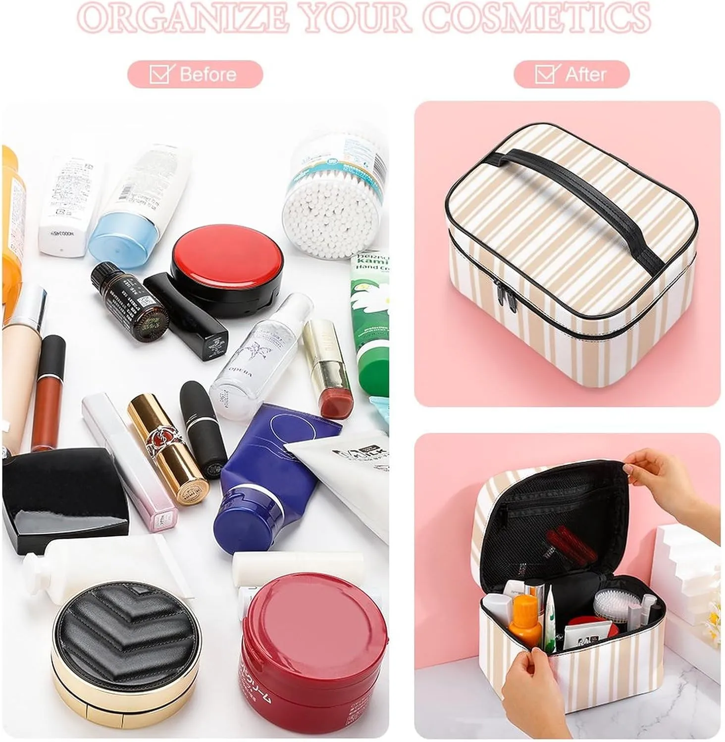 Leather Portable Makeup Bag, Beige and White Candy Stripes Travel Cosmetic Bag Makeup Organizer Case Large Capacity Zipper Toiletry Bag for Women
